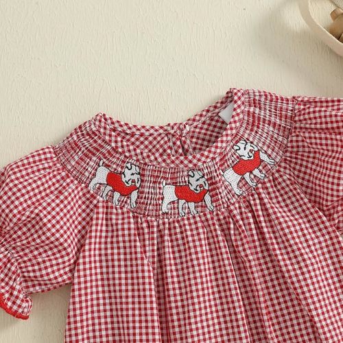 Kuriozud Newborn Baby Girl Football Outfit Smocked Ruffle Romper Short Sleeve Jumpsuit Cute Baby Girl Clothes