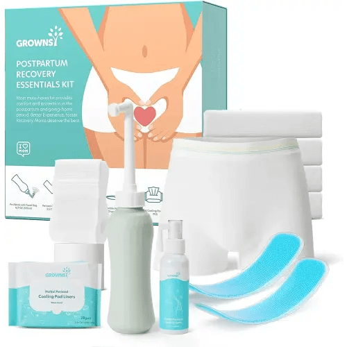 Grownsy Postpartum Essentials, Postpartum Kit for Labor & Delivery | Includes Upside Down Peri Bottle, Perineal Spray, Cooling Pad Liners, Ice Packs & Disposable Underwear (For Mom-Basic)