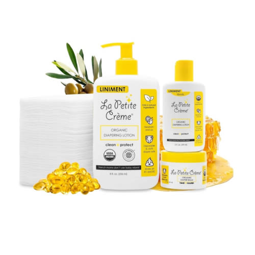 La Petite Creme Premium French Diapering Gift Set: Includes Organic Diapering Lotion (8 oz), Travel-size Liniment Baby Lotion (2 oz), 1 Travel-size Diaper Balm (1 oz), 50 Disposable Cotton Pads