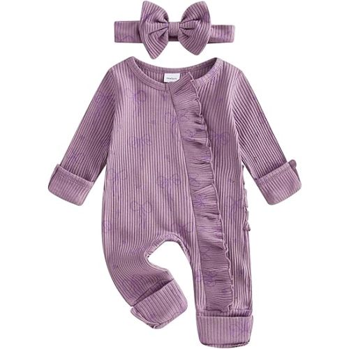 Newborn Baby Girl Clothes Preemie Coming Home Outfit Ruffle Romper Cute Ribbed Jumpsuit Headband