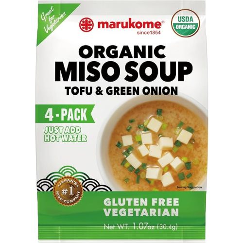 Marukome Organic Miso Soup Tofu & Green Onion, Instant Miso Soup, Gluten Free, No Preservatives, USDA Organic 4 packets Inside, 1.07 oz