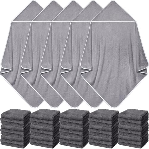 Buryeah 5 Pcs Baby Bath Towel and 15 Count Baby Washcloths Sets, Hooded Towels for Newborns Infants and Toddlers Soft Coral Fleece Toddler for Newborn Boy Girl(Gray)
