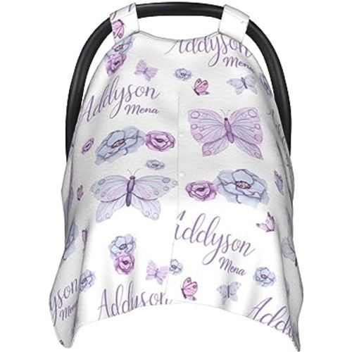Personalized Baby Car Seat Canopy for Babies, Custom Name Purple Butterfly Baby Car Seat Covers for Girls, Opening Minky Nursing Breastfeeding Cover for Infant, Carseat Canopies for Newborn
