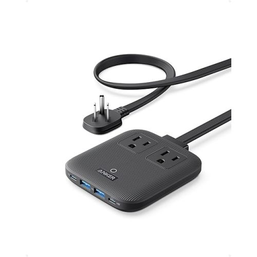 Anker Travel Power Strip, Anker Nano 67W Max 6-in-1 USB C Charger, 2 AC, 2 USB A and 2 USB C, 5ft Thin Undetachable Flat Plug Extension Cord with Multiple Outlets, Travel Essentials, Cruise Essentials