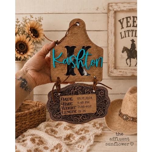 Western Baby Birth Announcement sign with Cowhide