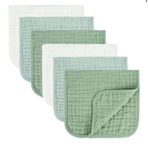 Baby Burp Cloth 100% Cotton Newborn Cotton Muslin Burp Cloth 10x20 inches (White & Green 6 Pieces)