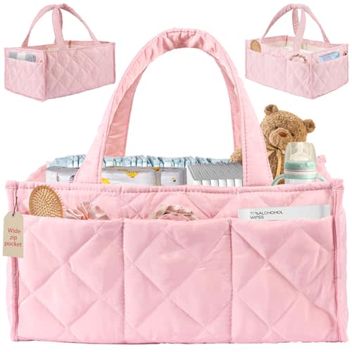 Baby Diaper Caddy Organizer with Zipper Pockets & Dividers – Portable Nursery Storage Basket for Diapers, Wipes & Newborn Essentials, Baby Shower Gifts (Pink)