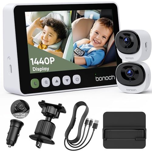 bonoch 5" 1440P Baby Car Camera, Clearest Monitor with 360° Rotating Wide View, Backseat Rear Facing Mirror for Baby, USB Powered with Charger, Easy Setup, Night Vision, Plug & Play Safe Driving