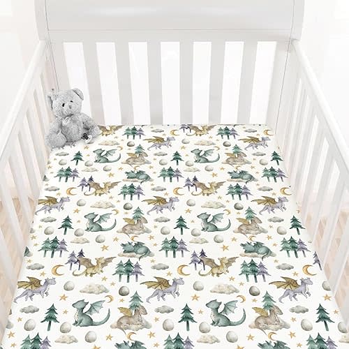 HawSkgFub Watercolor Cute Dragon Fairy Tale Fitted Standard Crib Sheet Baby Boy, Cloud Moon Star Dragons Egg Toddler Mattress Cover, Soft Breathable Stretchy Nursery Bed Sheets Decor Gift 52" x 28"