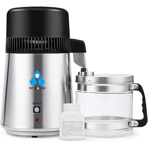 DC House Distilled Water Machine 1 Gallon, Stainless Steel Water Distiller for Home Countertop 110V 750W Purifier for Humidifier Office CPAP with Smart Switch, Glass Pot