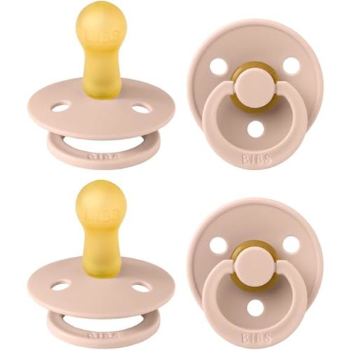 BIBS Pacifiers - Colour 4-Pack | BPA Free Baby Pacifier | Round Nipple Binkies | Natural Rubber Latex Soother | Made in Denmark | Size 6-18 Months | Blush