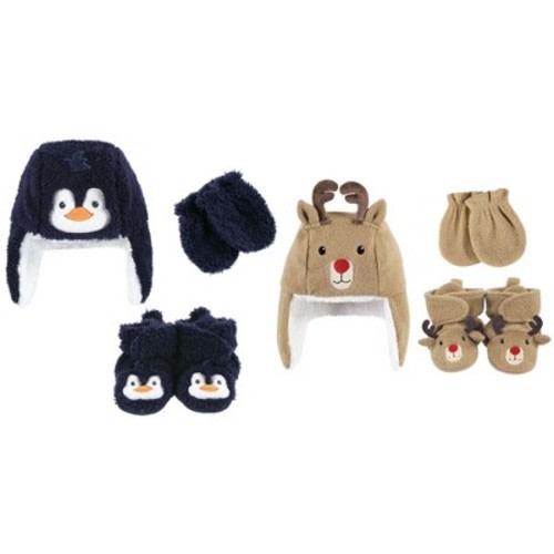 Hudson Baby Trapper Hat, Mitten and Bootie 6Pc Set, Navy Penguin Reindeer, 0-6 Months