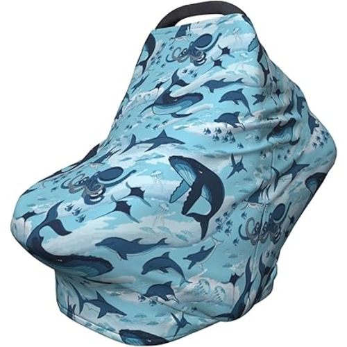 Sea Waves Dolphins Sharks Whale Octopus Baby Stuff Car Seat Cover for Baby Carseat Covers for Girl Boy Stretchy Soft Breathable Breastfeeding Infant Car Seat Canopy Carrier Cover