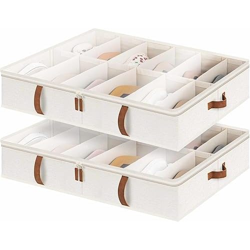 StorageWorks Shoe Organizer Under Bed for Closet, 2-Pack Ultra-thick Fabric Shoe Storage Containers with Bottom Support and Adjustable Dividers, Fits up to 24 Pairs, Beige