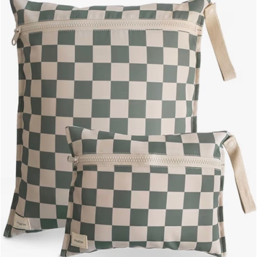 mushie Water Resistant Wet Bags | Large & Small Reusable Storage Bag for Baby Items and Travel | Zippered Pockets with Handle | Machine Washable, Set of 2 (Olive Check)