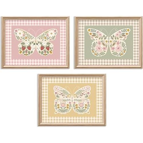 Nursery Butterfly Wall Art Little Girls Room Canvas Wall Decor Floral Cottage Nursery Poster Pink Girls Gingham Prints Butterfly Flowers Picture Artwork for Kids Baby Girls Bedroom 12x16x3 In Unframed