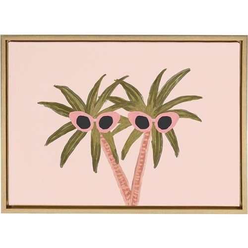 Sylvie Palm Trees And Sun Framed Canvas Wall Art By Kendra Dandy, 18x24 Gold, Coastal Wall-Mounted Home Decor