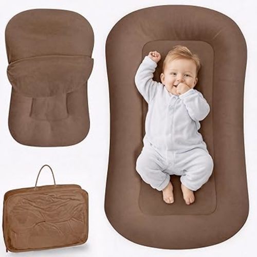 Infant Support Cushion - Baby Lounger for Newborn, 0-24 Months, Breathable Cotton Fabric Infant Support Cushion, Portable Newborn Essentials for Home and Travel, Brown (Cover Included)