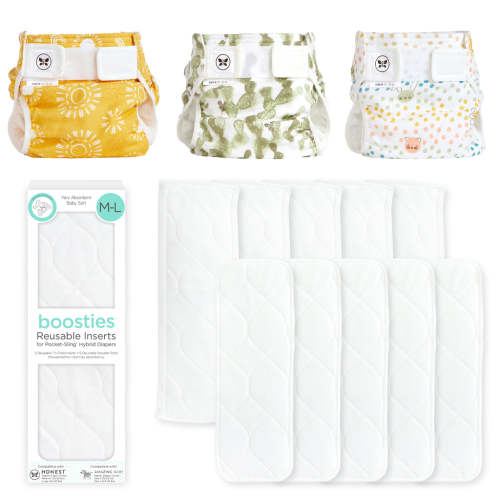 Honest® + Boosties - Hybrid Diaper Bundle - Set of 3 Covers + Reusable Inserts (5 Tri-Fold + 5 Boosters), Medium, 12-25 lbs