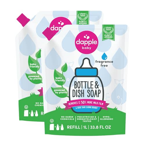 Dapple Baby Fragrance-Free Bottle & Dish Soap Refill Pouch - (2 Pack) 33.8 fl oz - Plant-Powered Cleaner for Baby Bottles, Pump Parts, and Sippy Cups