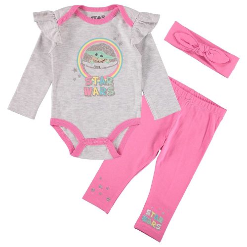 STAR WARS Baby Girls Baby Yoda One Piece Bodysuit Jogging Pants and Matching Headband 3 Piece Set