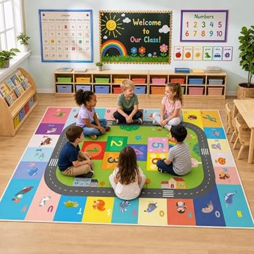 5x7ft ABC Rug for Kids Playroom, Classroom, Bedroom, Kids Carpet for Learning Alphabet, Numbers, Colors, Shapes and Animal Words,Educational Hopscotch Play Mat for Children Girls Boys