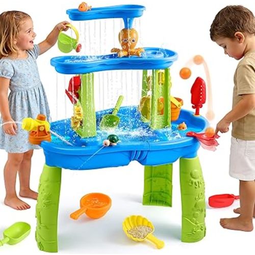 FRUSE Kids Water Table for Toddlers 3-5,3-Tier Splashing Sand Water Table Toys with Accessories,Activity Sensory Play Table for Backyard Beach Grass,Summer Outdoor Toy for Boys Girls Age 3 4 5 6 7 8