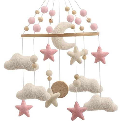 Cloud Mobile for Crib - A Handmade Cloud Crib Mobile with Moon and Pink Stars