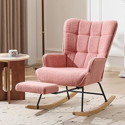 Furniliving Nursery Rocking Chair Modern Armchair Upholstered Glider Rocking Chair Accent Chair with Retractable Footrest Reading Chair with High Backrest Solid Wood Base for Bedroom, Pink, Teddy