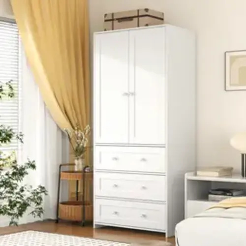 【Assembly Video Available】VOWNER 71" High Freestanding Wardrobe with 3 Drawers, With Hanging Rod, Bedroom, Living Room, White Storage Closet Cabinet Modern Wooden Armoires, SohoChic - TikTok Shop