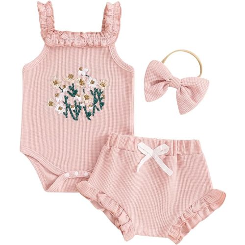 Newborn Baby Girl Summer Clothes Floral Embroidery Hater Romper Bloomers Shorts Set Headband Cute Baby Girl Outfit