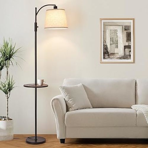 AIDENOEY Fully Dimmable Floor Lamp for Living Room，Standing Lamp Rotary Switch with Table&Linen Beige Shade，Black Tall Lamps for Bedroom with Adjust Head，9W LED Bulb Included