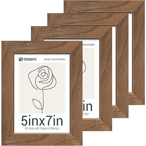 5x7 Picture Frame 4 Pack, Walnut Wood, Brown Photo Frame, HD Tempered Glass, for Table Top and Wall Display