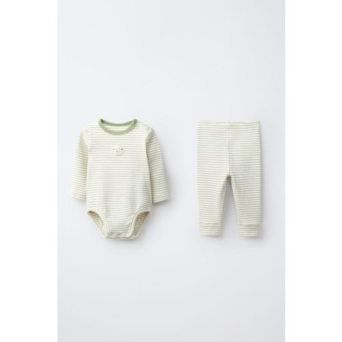 STRIPED EMBROIDERED BODYSUIT AND LEGGING SET - Light green | ZARA United States