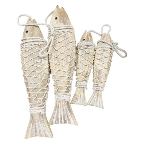 2 set Wooden Fish Decor Hanging Wood Fish Decorations, Rustic Nautical Hand Carved Wooden Ornament, for Bathroom Bedroom Lake House Decoration
