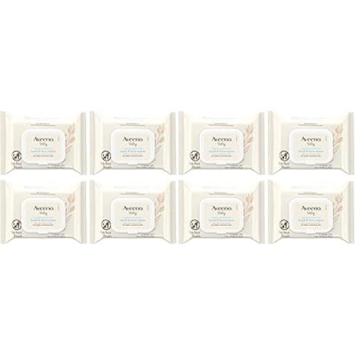 Aveeno Baby Fragrance-Free Hand & Face Wipes with Oat Extract & Aloe, Cleansing & Moisturizing Baby Wipes for Sensitive Skin, Sulfate-, Alcohol-, Paraben- & Dye-Free, Hypoallergenic, 25 ct (Pack of 8)