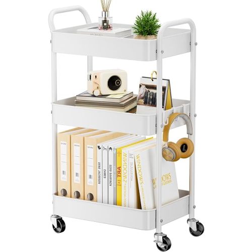 YASONIC 3-Tier Metal Rolling Cart Utility Carts with Wheels White