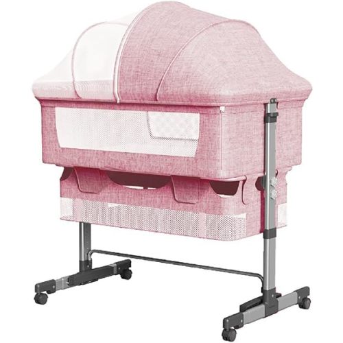 Baby Bassinet Bedside Sleeper with Comfortable Mattress,Foldable Baby Bed with Lockable Wheel,Rocking Baby Crib with Mosquito Net/Large Storage Bag/Adjustable Height,Portable Bassinet for Baby (Pink)