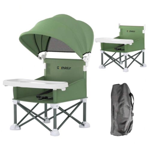 Cochildor Foldable Travel Baby Booster High Chair With Sun Shade Canopy, Safety Harness Detachable Tray & Carry Bag For Toddlers Indoor Outdoor