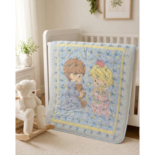 Vintage Precious Moments Baby Blanket Sam Butcher Nursery Quilt Blue Teddy Bear Comforter
