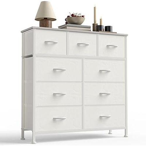 Sweetcrispy 9-Drawer Fabric Dresser Storage Tower with Wood Top and Steel Frame, Organizer Chest with Easy Pull Handles for Bedroom, Closet, Hallway,Pure White