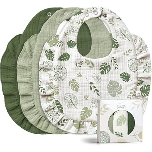 3-Pack Muslin Baby Bibs, 100% Muslin Cotton Bibs with Ruffle Trim