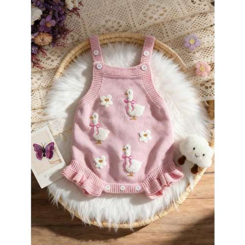 Baby Girls Summer Knitted Romper Cute Duck Flower Embroidered Sleeveless Jumpsuit With Adjustable Straps, Ruffle Hem Snap Closure Knit Fabric For Infant Daily Wear