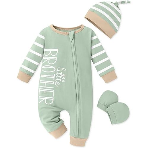 Baby Boy Clothes Newborn Baby Romper Long Sleeve Stripe Jumpsuit with Hat and Gloves Newborn Boy Outfits