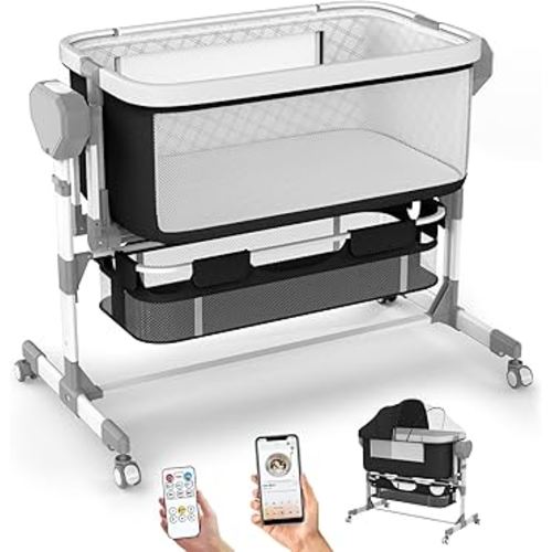 Rocking Bassinet for Baby, Electric Bassinet Automatic 5 Rocking Motion Bassinet Bedside Sleeper for Newborn, Auto Rolling Baby Cradle 6 Height Adjustable with 4 Lullabies, Wheels, Storage