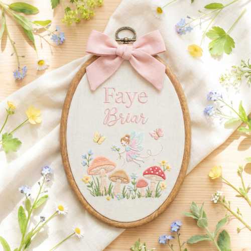 Personalized Fairy Name Sign, Mushroom Embroidery Hoop Nursery Decor, Woodland Floral Art