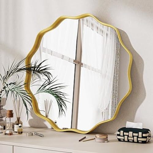 Round Wavy Mirror, 20 Inch Metal Frame Circle Mirror, Round Wall Mounted for Entryway, Bathroom, Vanity, Living Room, Gold
