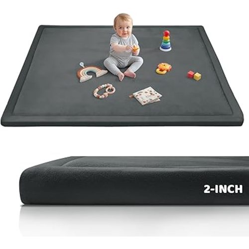 2-Inch Extra Thick Baby Play Mat For Floor, Ultra Soft 79"x71" Large Crawling Mat for Tummy Time, Flannel Cover Kids Rug, Memory Foam with Non-Slip Base Kids Rug for Infants Toddlers, Dark Gray
