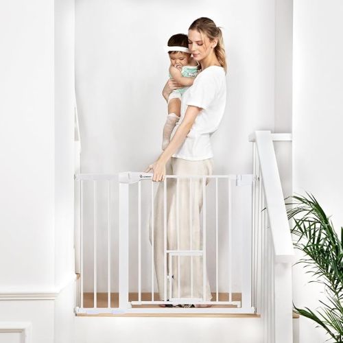COMOMY Auto Close Baby Gate with Cat Door, 29.5"-40.5" Extra Wide Dog Gate for House Doorways Stairs, Pressure Mounted Easy Walk Thru Pet Gate, Includes 4 Wall Cups and 2 Extension Pieces, White
