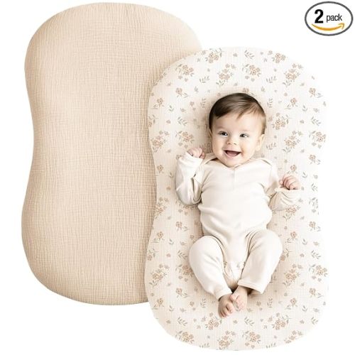 Konssy 2 Pack Muslin Baby Lounger Covers, Covers Only, 30.7" x 20" | 100% Cotton, Soft & Breathable, Baby Nest Slipcover, Envelope Closure, Pre-Washed for Lasting Fit (Blossom,Pink)